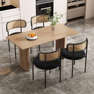 Matteo Black Velvet Dining Chair Set of 4 - Rattan Back & Metal Legs