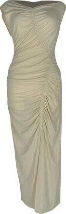Self Portrait Gathered Asymmetric Midi Dress in Cream Polyester