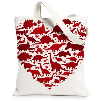 Generic Cute Dinosaur Canvas Tote Bags, Heart Pattern Reusable Grocery Bags, Lightweight Washable Shoulder Strap Canvas for Travel, White, 13x15 Inch