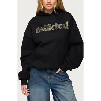Edikted Camo Cutie Oversize Hoodie in Black at Nordstrom, Size X-Small