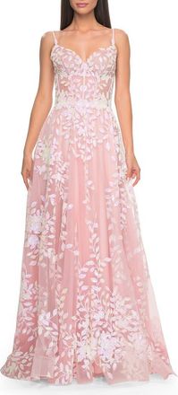 La Femme Sequin Lace Print Tulle A-Line Prom Dress with Illusion Bodice in Pink at Nordstrom, Size 14