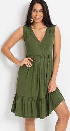 Bonprix Jerseykleid BONPRIX, Damen, Gr. 52/54 (XXL), N-Gr, gr&uuml;n (oliv), Obermaterial: 95% Viskose, 5% Elasthan. Spitze: 100% Polyester, A-Linie, Kleider Jerse