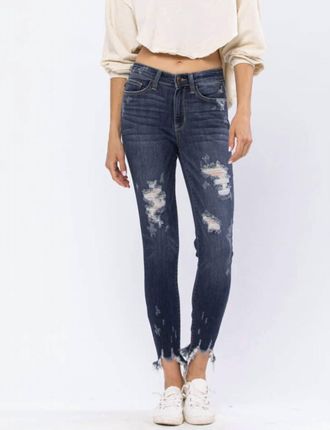 Judy Blue Mid Rise Destroy Skinny Jean In Dark Wash