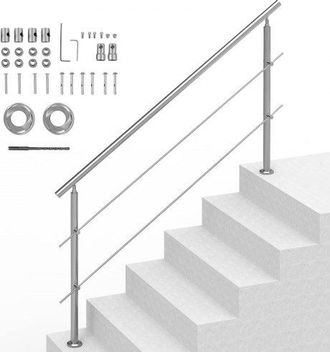 OEM Pasamanos De Escalera 180 Cm Barandilla De Escalera Para Escalones Exteriores De Acero Inoxidable 2 Travesa&ntilde;os Con Kit De Instalaci&oacute;n Barra De Agarre 