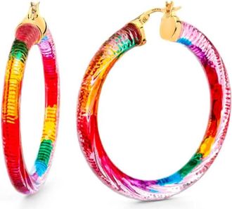 Gold & Honey Rainbow Painted Instyle Lucite Hoop Earrings In Pink