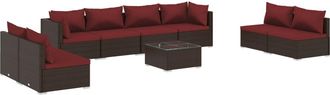 vidaXL Set Muebles De Jard&iacute;n 9 Piezas Y Cojines Rat&aacute;n Sint&eacute;tico Marr&oacute;n Vidaxl