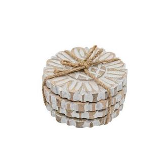 Foreside Home And Garden Set of 4 Floral Carved Coasters White Mango Wood & Jute at Nordstrom