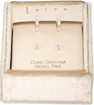 Leith Set of 2 Cubic Zirconia Stud & Huggie Hoop Earrings in Clear- Silver at Nordstrom Rack