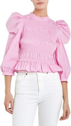 English Factory Smocked Puff Shoulder Poplin Top in Pastel Pink at Nordstrom Rack, Size X-Small