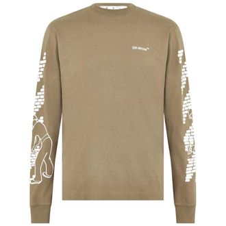 Off-white Mens Bricks Logo Long Sleeve Skate Fit Army Green T-Shirt - Tan Cotton - Size Small