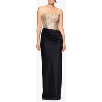 Betsy & Adam Sequin Bodice Strapless Gown in Black/Gold at Nordstrom, Size 14