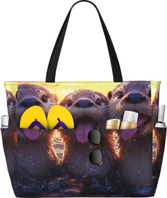 Generic Cute Otter Print Large Beach Bag Foldable Travel Shoulder Tote Bag With Pocket For Weekender Pool Vacation