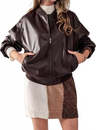 Double Zero Loose Fit Zip Up Leather Bomber Jacket In Brown