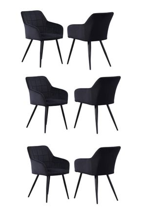 Life Interiors Set of 6 Camden Modern Velvet Dining Chairs with Armrests, Quilted Design & Black Metal Legs