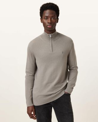 AllSaints Mens Wool/Polyamide Kilburn Zip Funnel Neck Ramskull Jumper, Size: XXL