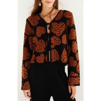 Farm Rio Leopard Hearts Jacquard Cardigan in Leopard Hearts Black at Nordstrom Rack, Size X-Small