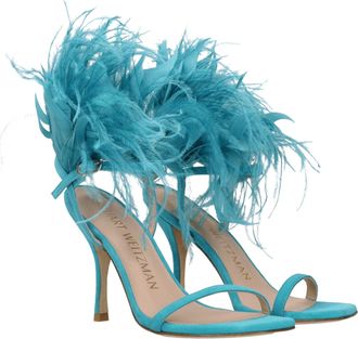 Stuart Weitzman Womens Feather-Embellished Suede Heel Blue Upper Leather