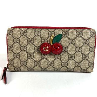 Gucci Gg Supreme Beige Red Color Gg Supreme Leather Long Wallet (Bi-Fold) (Pre-Owned)