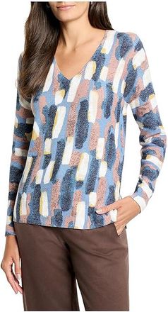 Nic+Zoe Brushstrokes Waffle V-neck Sweater Womens Sweater Neutral : 2XL (US 20-22), Acrylic/Cotton