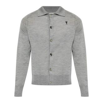 Ami Cardigans, male, Gray, Size: 2XL Wool Cardigan with Embroidered Logo