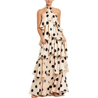 Mac Duggal Polka Dot Charmeuse Halter Tiered Ruffle Gown in Cream Black at Nordstrom, Size X-Small