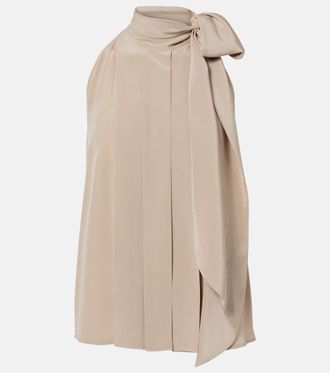 Max Mara Pleated tie-neck silk cr&ecirc;pe de chine top