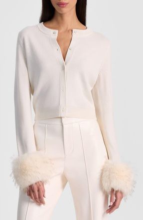Alice & Olivia Dollie Faux Fur Cuff Wool Cardigan in Soft White at Nordstrom, Size X-Large