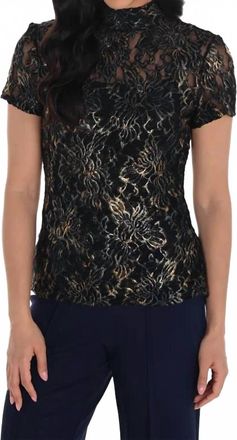 Frank Lyman Design Emmeline Embellished Floral Lace Short Sleeve Top In Navy And Gold