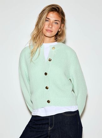 Icone Womens Embossed golden buttons shaker-rib Cardigan Sweater
