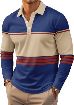 Generic Mens Polo Shirt Long Sleeve Vintage Striped Golf Shirt Lightweight Casual Collared Shirt (UK, Alpha, 4XL, Regular, Regular, 10)