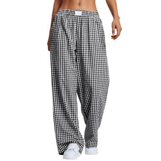 Generic Womens Striped Gingham Boxer Pants, Lounge Pajama, Casual Plaid Trousers, Y2K Fashion Beach Bottoms with Pockets (Black,L)