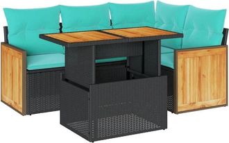 vidaXL 5 Piece Garden Sofa Set with Cushions Black Poly Rattan Acacia vidaXL