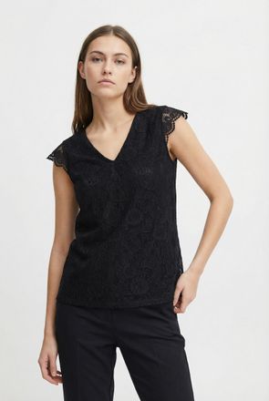 Pieces Spitzentop PIECES PCOLLINE SL LACE V-NECK TOP WVN NOOS, Damen, Gr. XL, schwarz, Spitze, Obermaterial: 90% Nylon, 10% Elasthan, unifarben, regular fit 