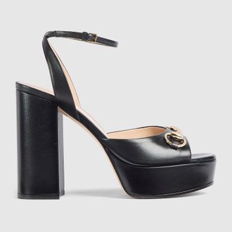 Gucci Womens Horsebit Platform Sandal, Black, Leather