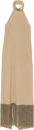 Taller Marmo Kleedjes, Dames, Beige, S, Maxi-jurk met halternek en franjes