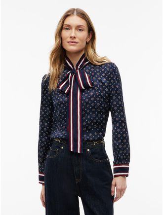 Tommy Hilfiger Womens Foulard Bow Blouse - Foulard Navy - 10