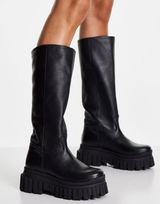 Asos Counter premium leather chunky pull on boots in black