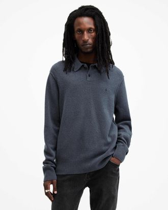 AllSaints Cotton Statten Long Sleeve Ramskull Polo Jumper, Size: XXL
