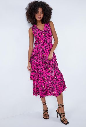 DUSK Leopard Print Tiered Midi Dress