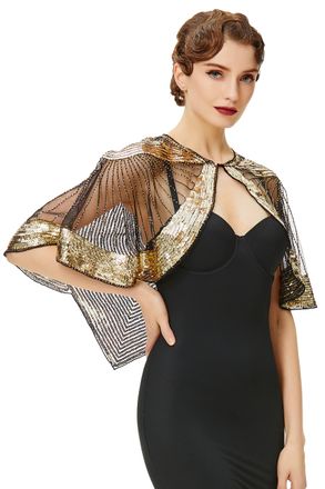 Babeyond 1920s Vintage Shawl for Women - Sequin Beaded for Night Party Shawl Wraps Flapper Cover Up Evening Cape, Black Gold, One Size