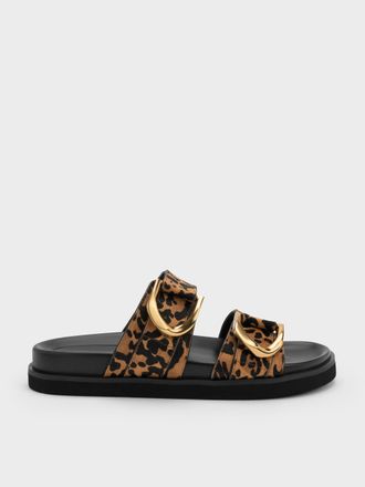 Charles & Keith Gabine Leopard-Print Gold-Buckle Leather Slides