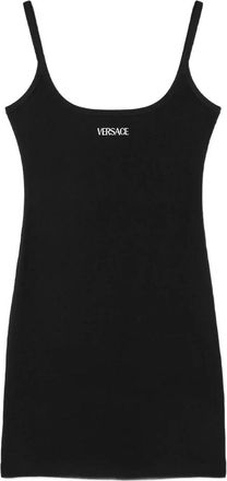 Versace Tops, Dames, Zwart, S, Zwart Logo Smalle Bandjes Aansluitend Mieder