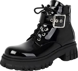 Generic Womens British Style Ankle Boots Round Toe Platform Med Heel With Zipper Lace Up And Buckle Combat Booties