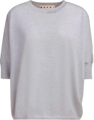 Marni Grijze Gebreide Trui met Logo Kraag - Dames - Ronde hals truien - Grijs - XS - Wol - Truien & Vesten
