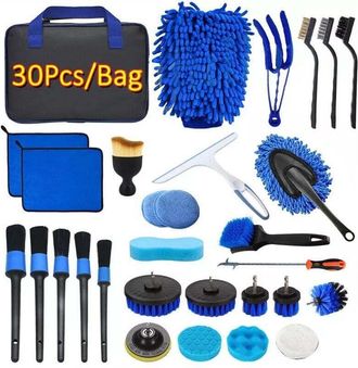OEM [nunca Usado] Kit De Limpieza Para Coche, 30 Cepillos Para Interior Y Exterior. Incluye Cepillos, Esponjas De Pulido Y Una Pr&aacute;ctica Bolsa De Transport
