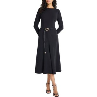 Maggy London Long Sleeve Tie Waist Midi Dress in Black at Nordstrom Rack, Size 2