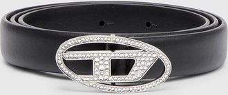 Diesel 1.9cm slim leather belt with crystal buckle - Belts - Woman - Black