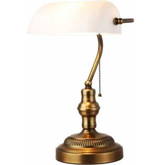 OEM L&aacute;mpara De Mesa Retro, L&aacute;mpara De Escritorio De Banquero De Cristal Blanco, Con Base De Lat&oacute;n, Interruptor De Cadena, Para Oficinas, Estudios, Dormito