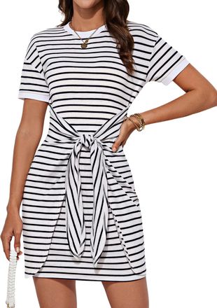 Grace Karin Women Summer Stripe Casual Short Sleeve Bodycon Round Neck Mini Dress