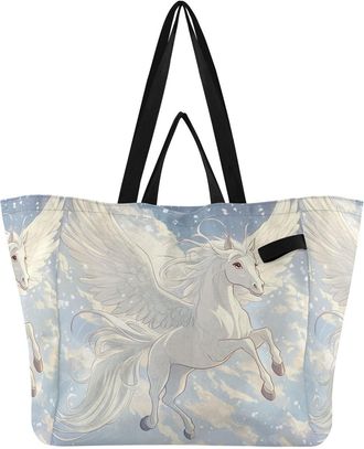 Generic White Horse Blue White Horse Cloud pattern Reusable Canvas Tote Bag, Heavy Duty Grocery Shopping Bag with Large Capacity Double Handles Hard Bottom Wo